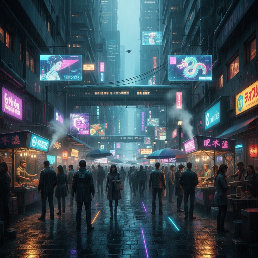 Cyberpunk street market at night in futuristic Tokyo, crowded with people and holographic signs, neon reflections on wet pavement, volumetric fog, cinematic lighting