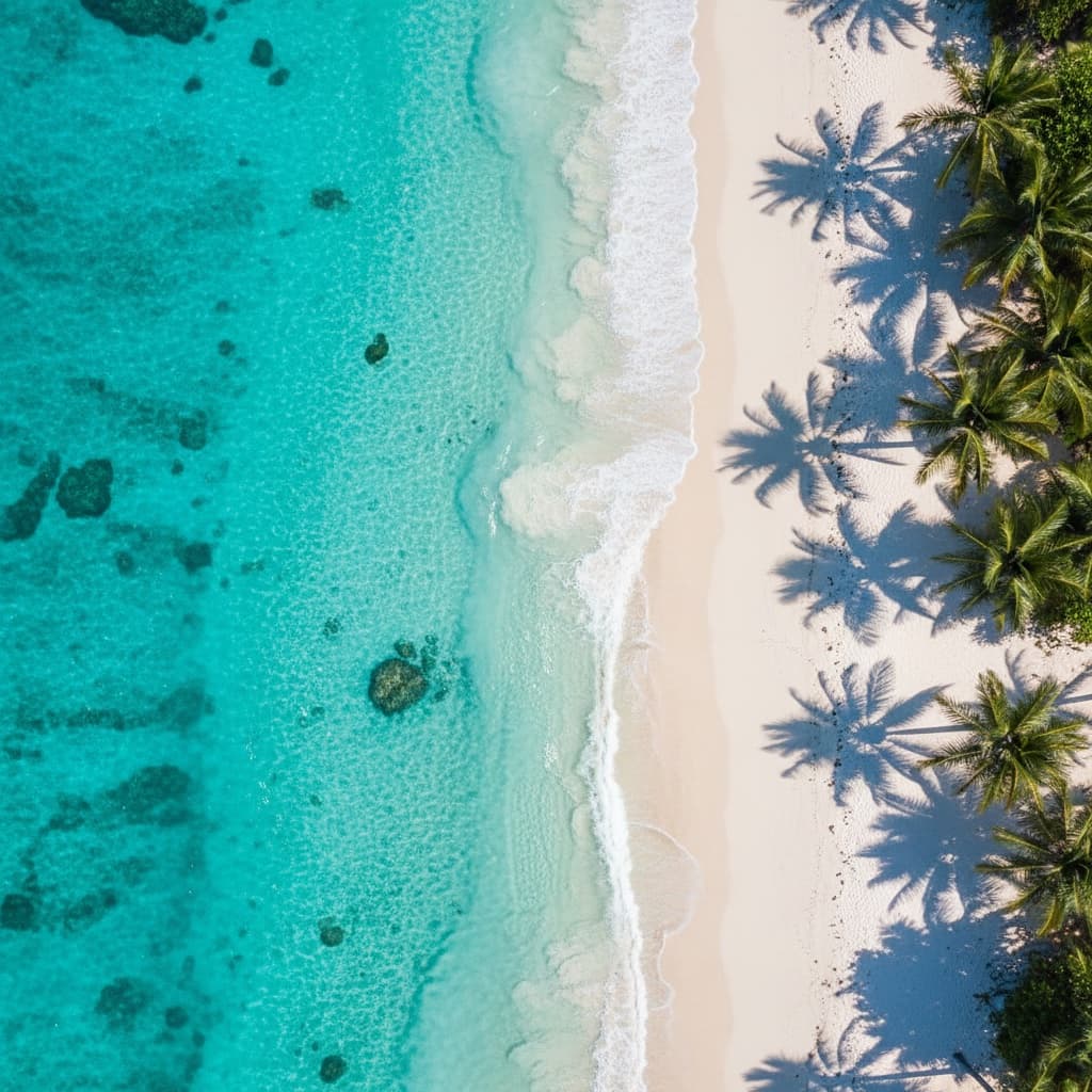 Aerial drone view of turquoise ocean waves crashing on pristine white sand beach, palm tree shadows, crystal clear tropical water, vivid saturated colors
