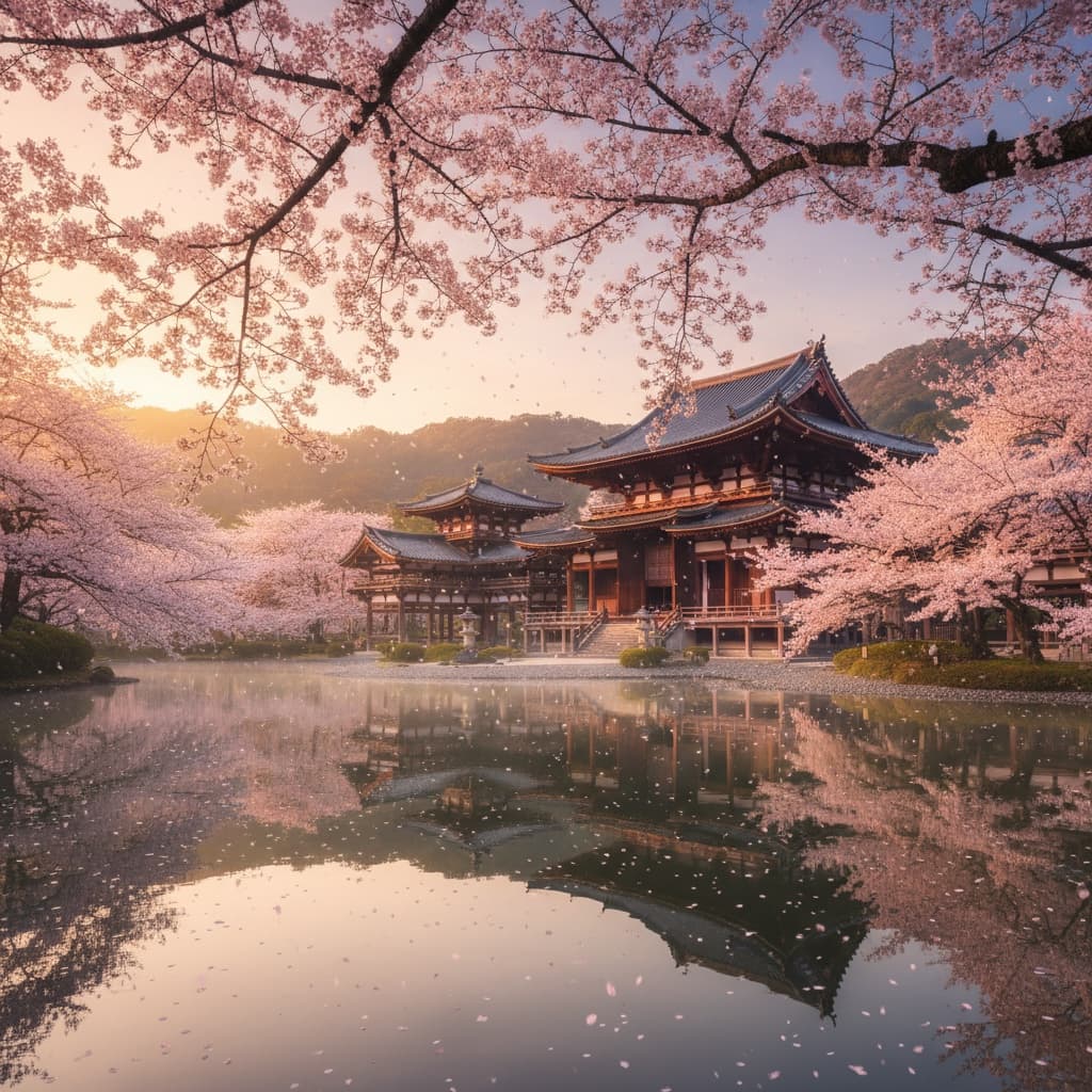 Ancient Japanese temple surrounded by cherry blossoms in full bloom at golden hour, warm light filtering through pink petals, serene reflection pool, cinematic wide shot
