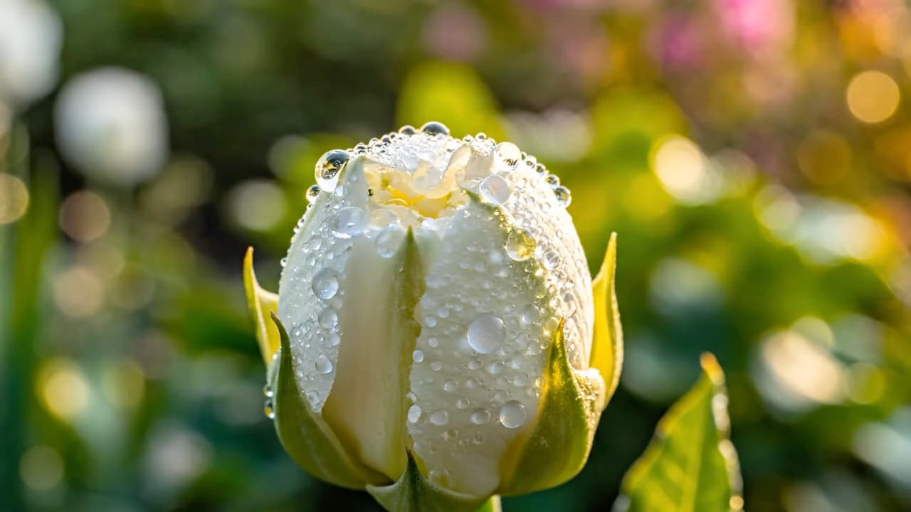 Slow motion close-up of a white flower blooming in a garden, petals unfurling gracefully, morning dew drops visible, soft natural lighting, macro lens