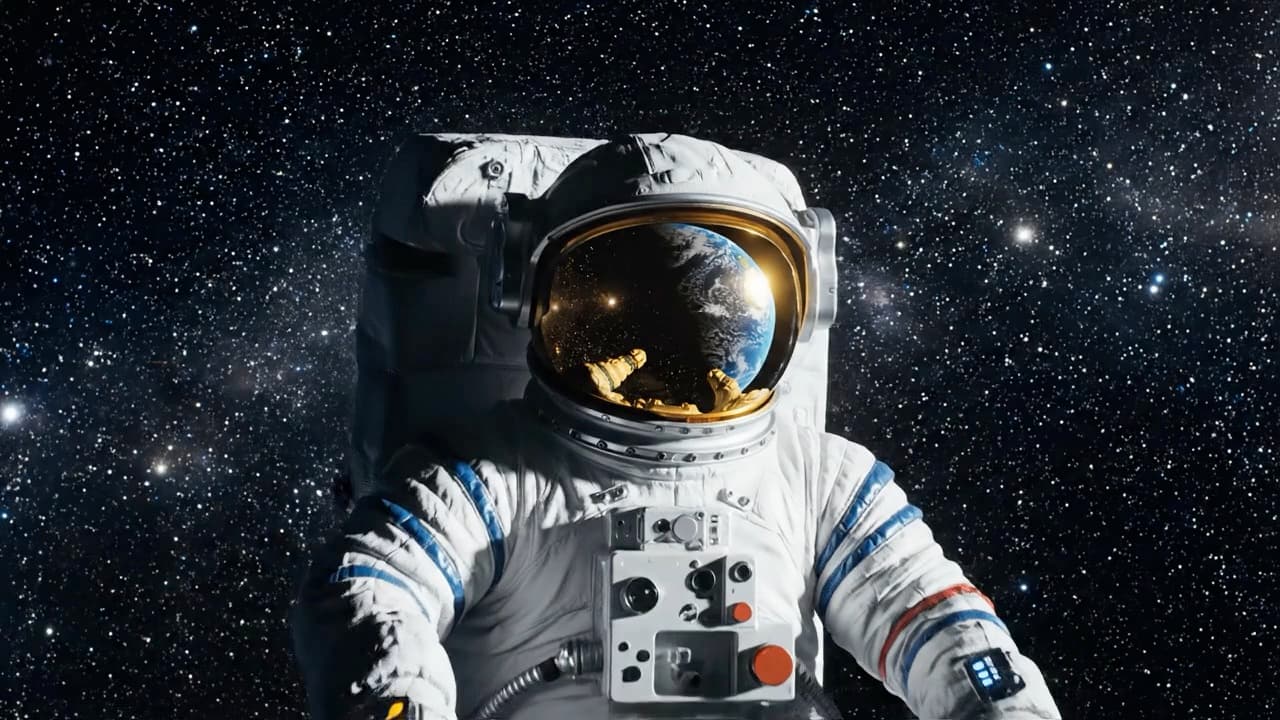 Astronaut floating weightlessly in space with Earth visible through the visor reflection, stars twinkling, slow gentle rotation, cinematic sci-fi atmosphere